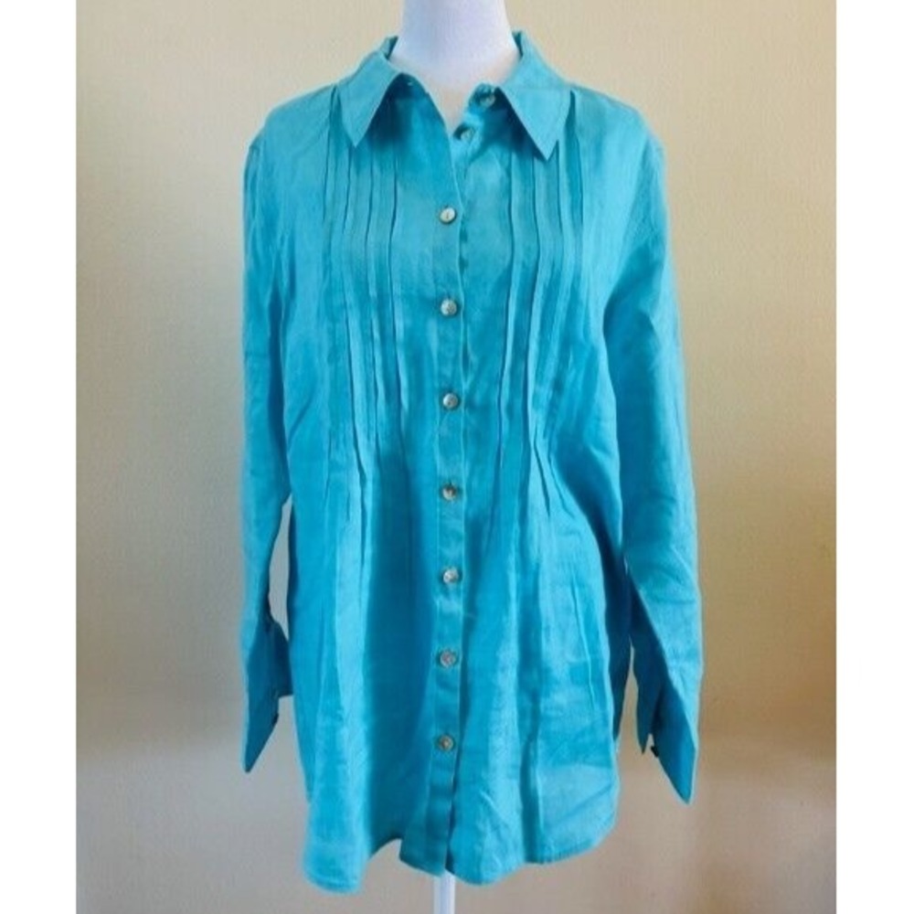 Tyler Boe Blue Linen Pintuck Button Front Longsleeve Tunic Top‎ Coatal Preppy 12